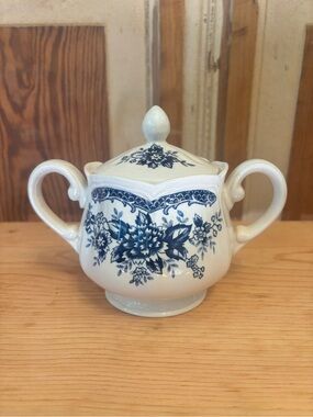 Ironstone Blue Carnation Sugar Bowl with Lid